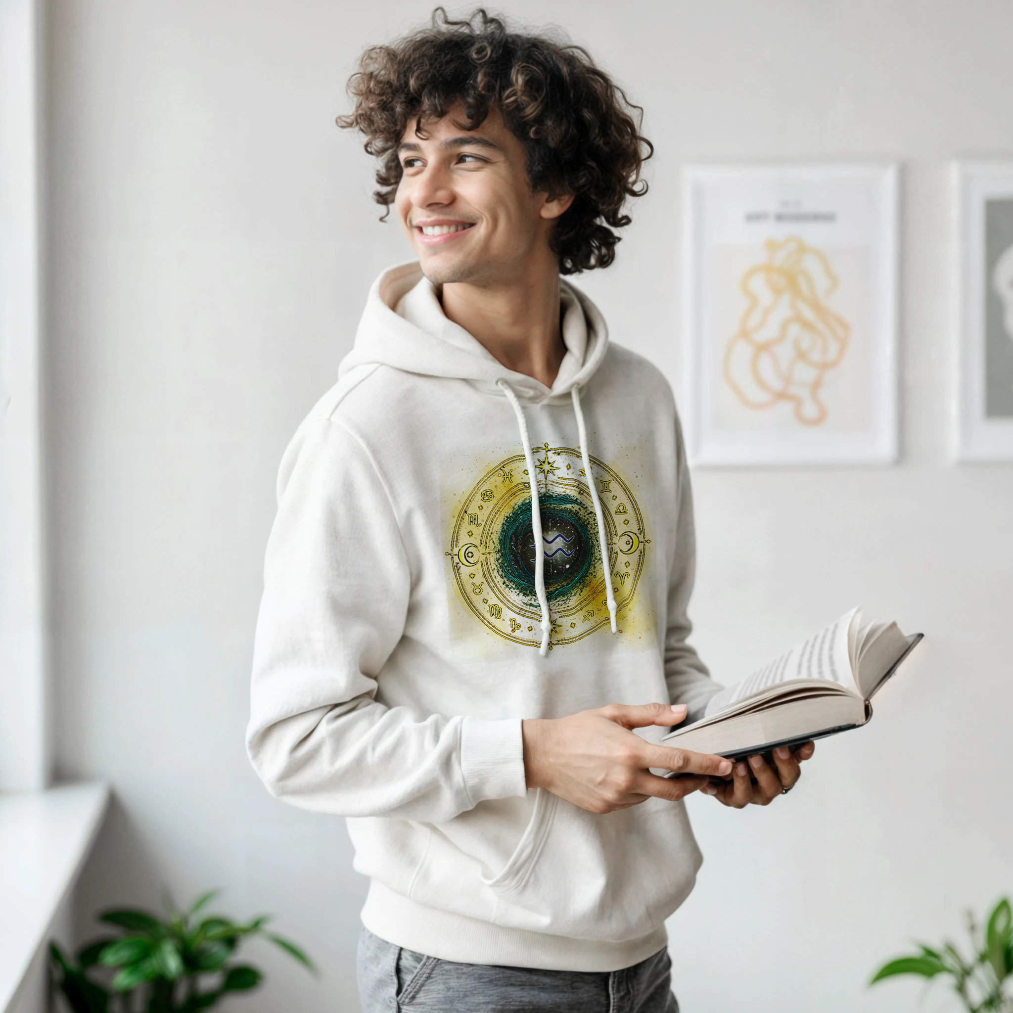 Hoodie astral futurista Acuario con estética cósmica minimalista