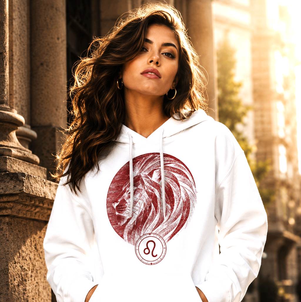 Mujer vistiendo hoodie blanco Leo Perfil Realeza en entorno urbano elegante