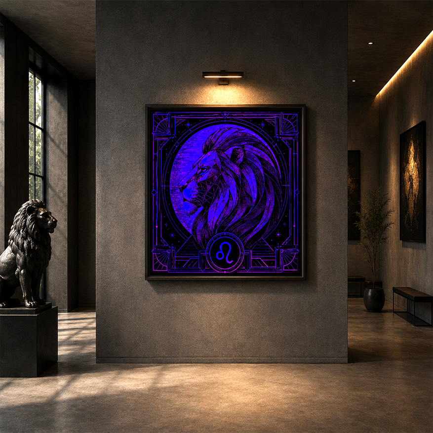 Arte mural León de Hielo instalado en galería elegante con símbolo de Leo y composición geométrica luminosa