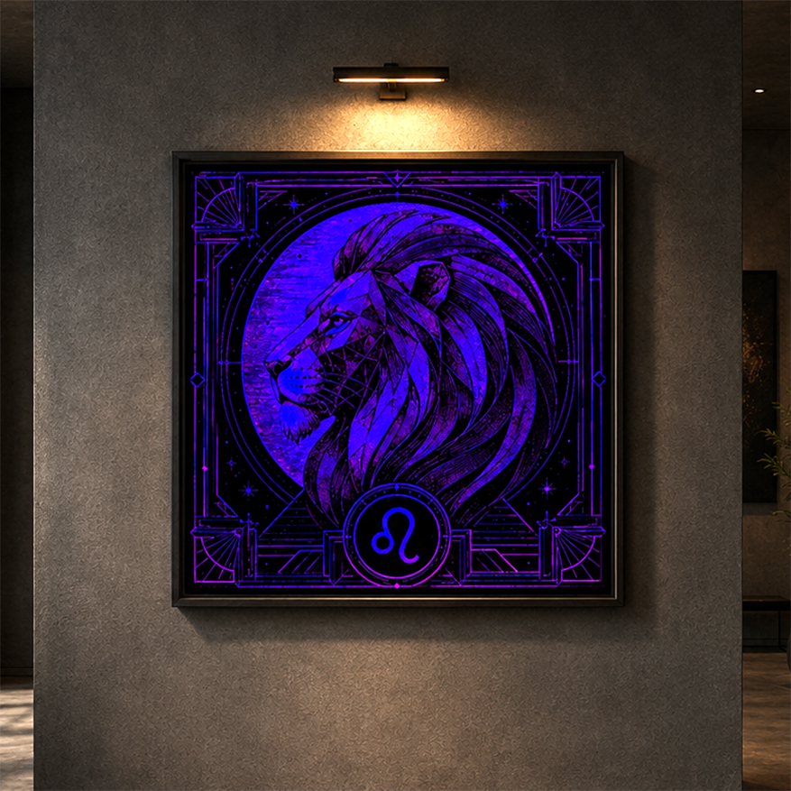 Poster Fine Art León de Hielo con retrato leonino en tonos violeta y geometría zodiacal inspirada en el signo Leo