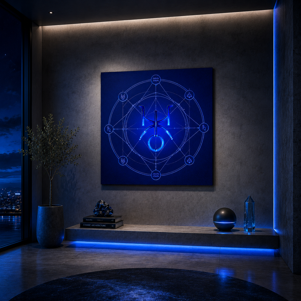 Canvas fine art Acuario Urano Interacciones con geometría orbital azul eléctrica en interior minimalista contemporáneo