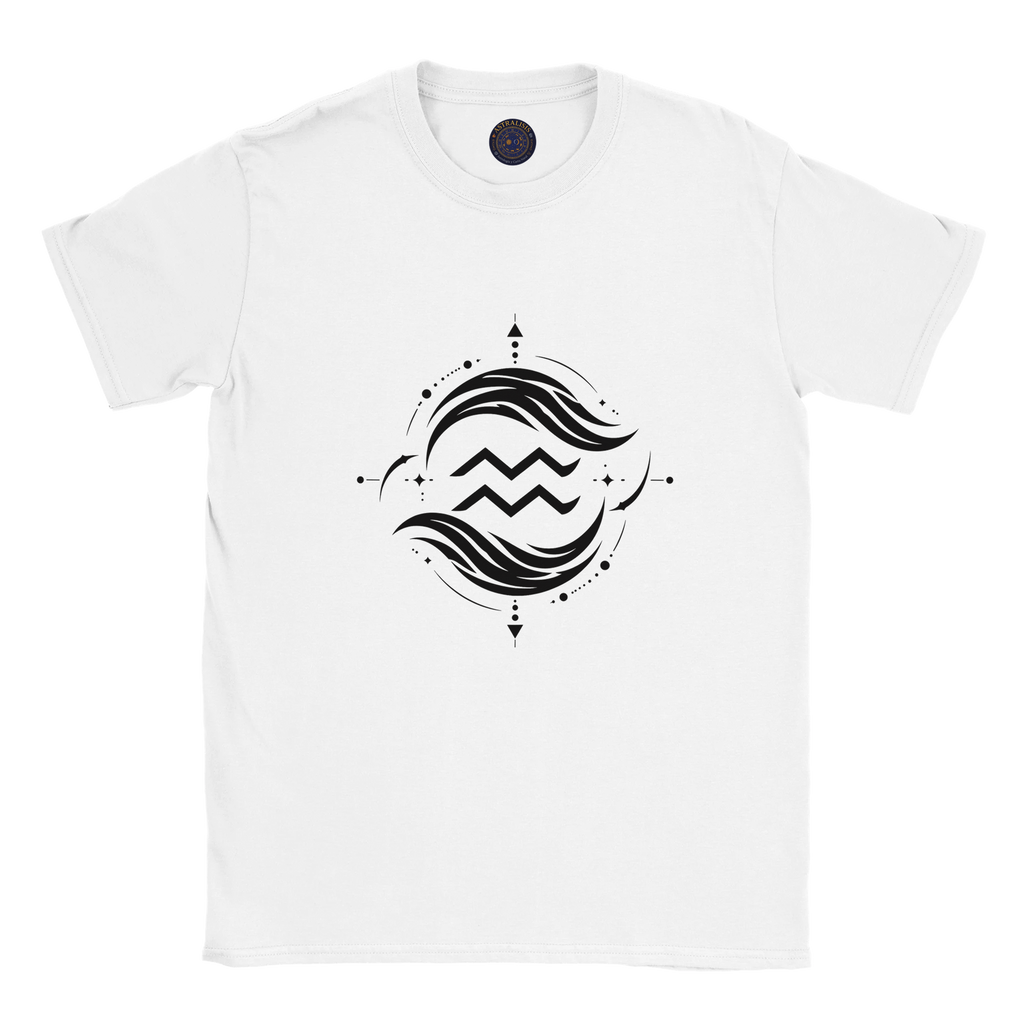 Camiseta blanca unisex Acuario con diseño geométrico astral minimalista