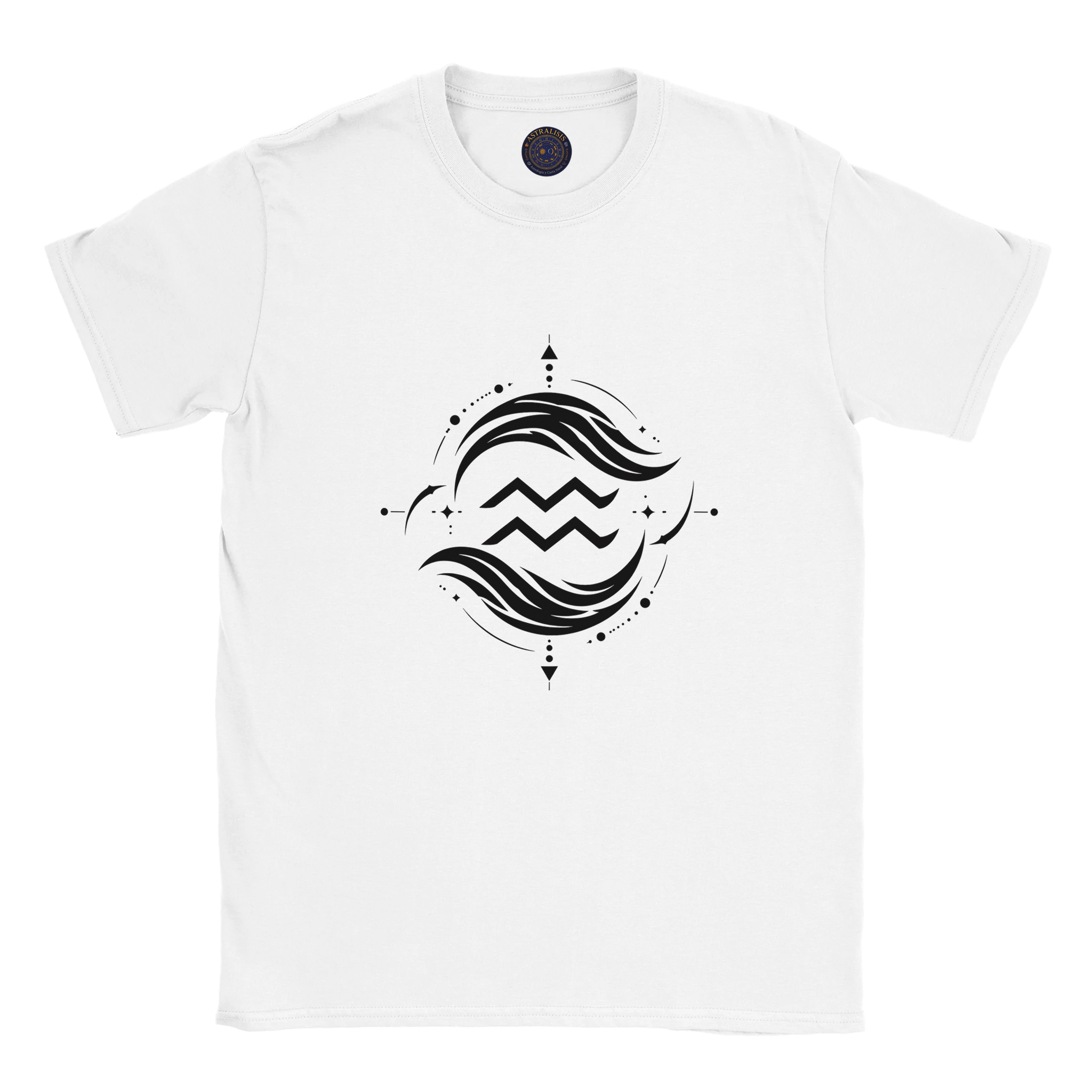 Camiseta blanca unisex Acuario con diseño geométrico astral minimalista