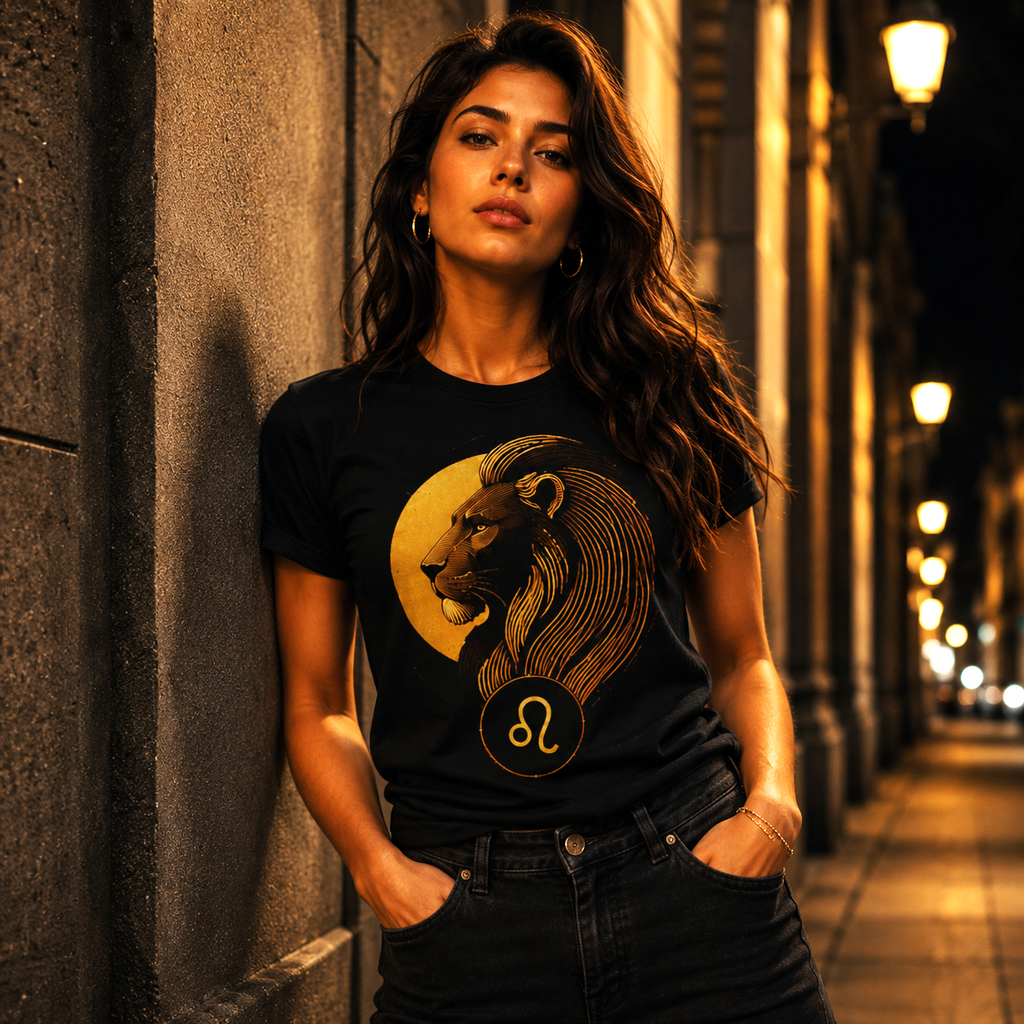 Mujer vistiendo camiseta negra Leo Perfil Realeza con ilustración leonina dorada inspirada en el signo Leo