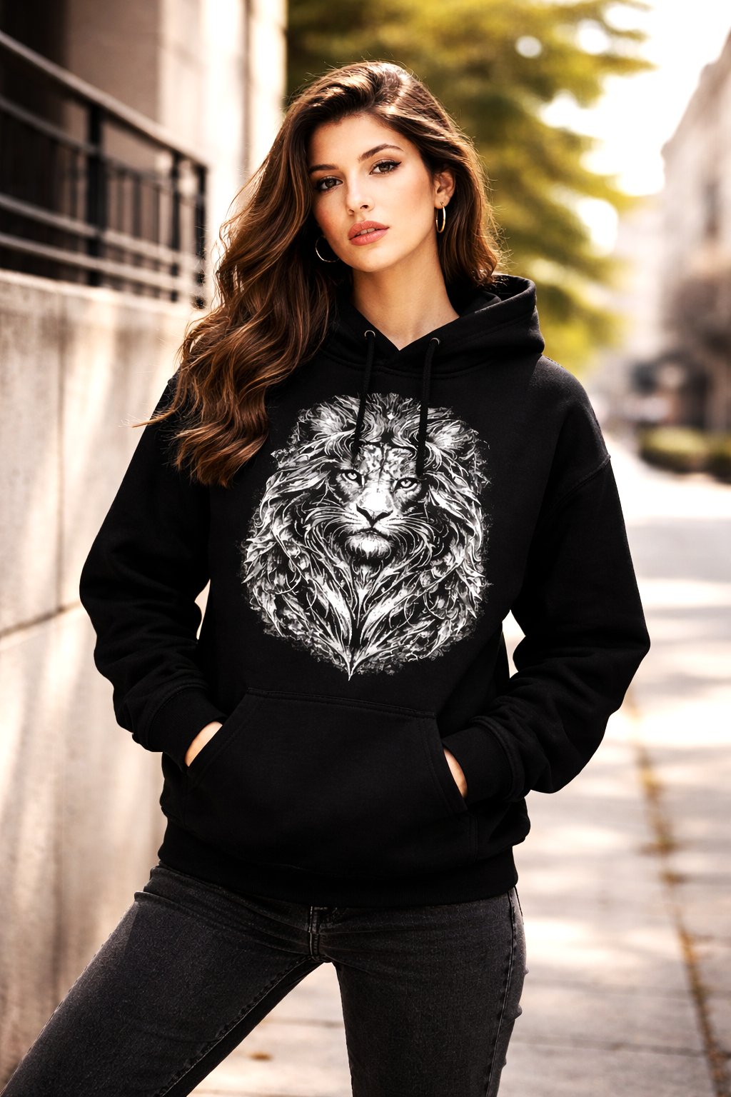 Hoodie negro Leo con diseño de león dominante – Astrálisis