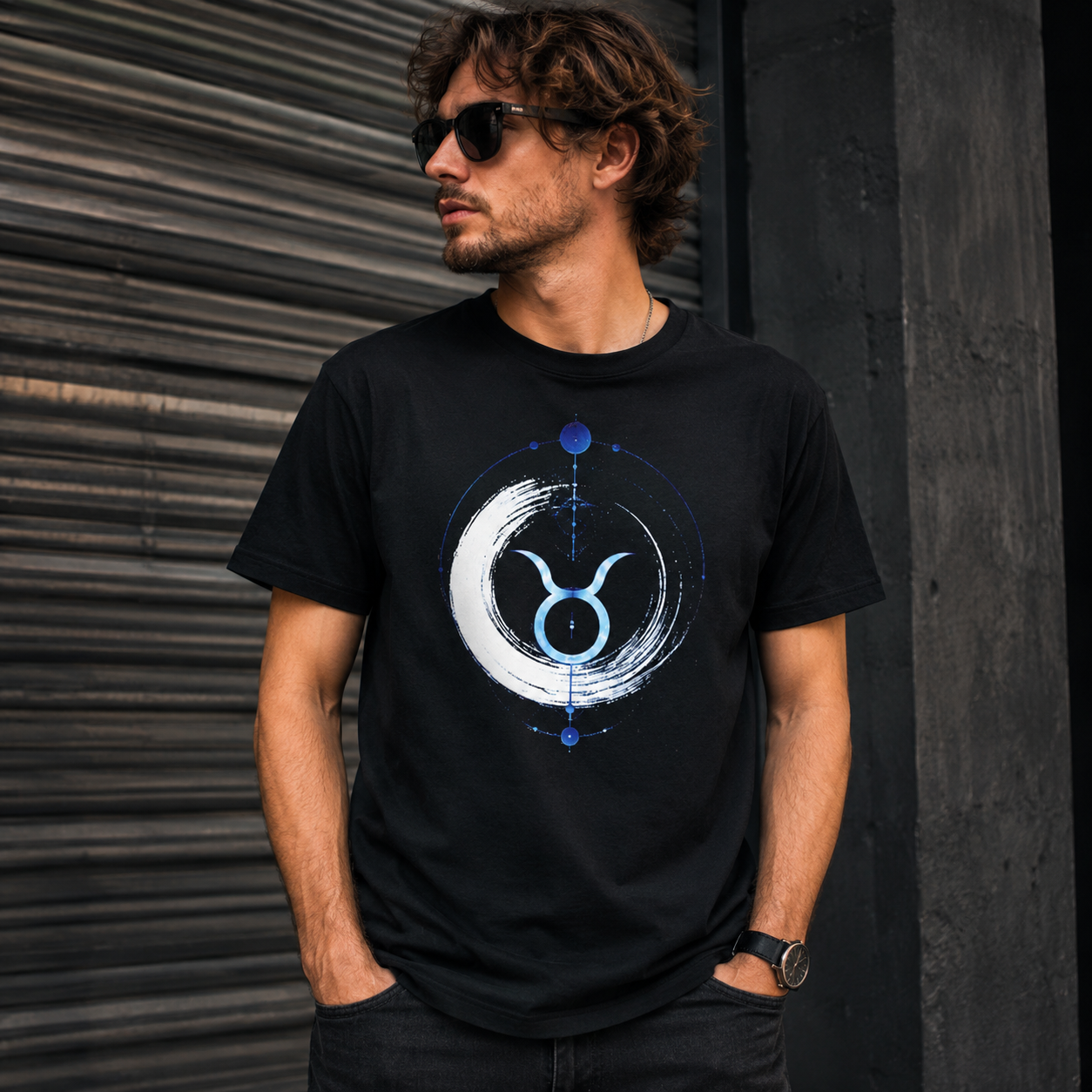Joven vistiendo camiseta negra Anillo Tauro con símbolo zodiacal luminoso.