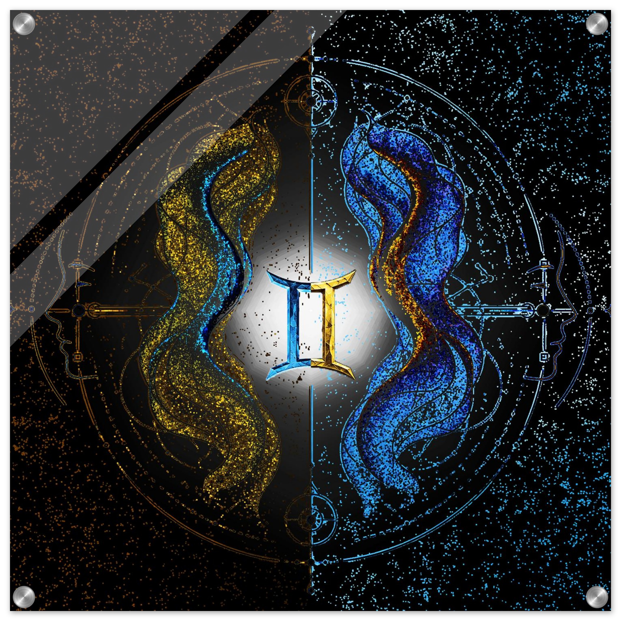 Primer plano de acrílico zodiacal Géminis con reflejos brillantes y acabados de alta definición.