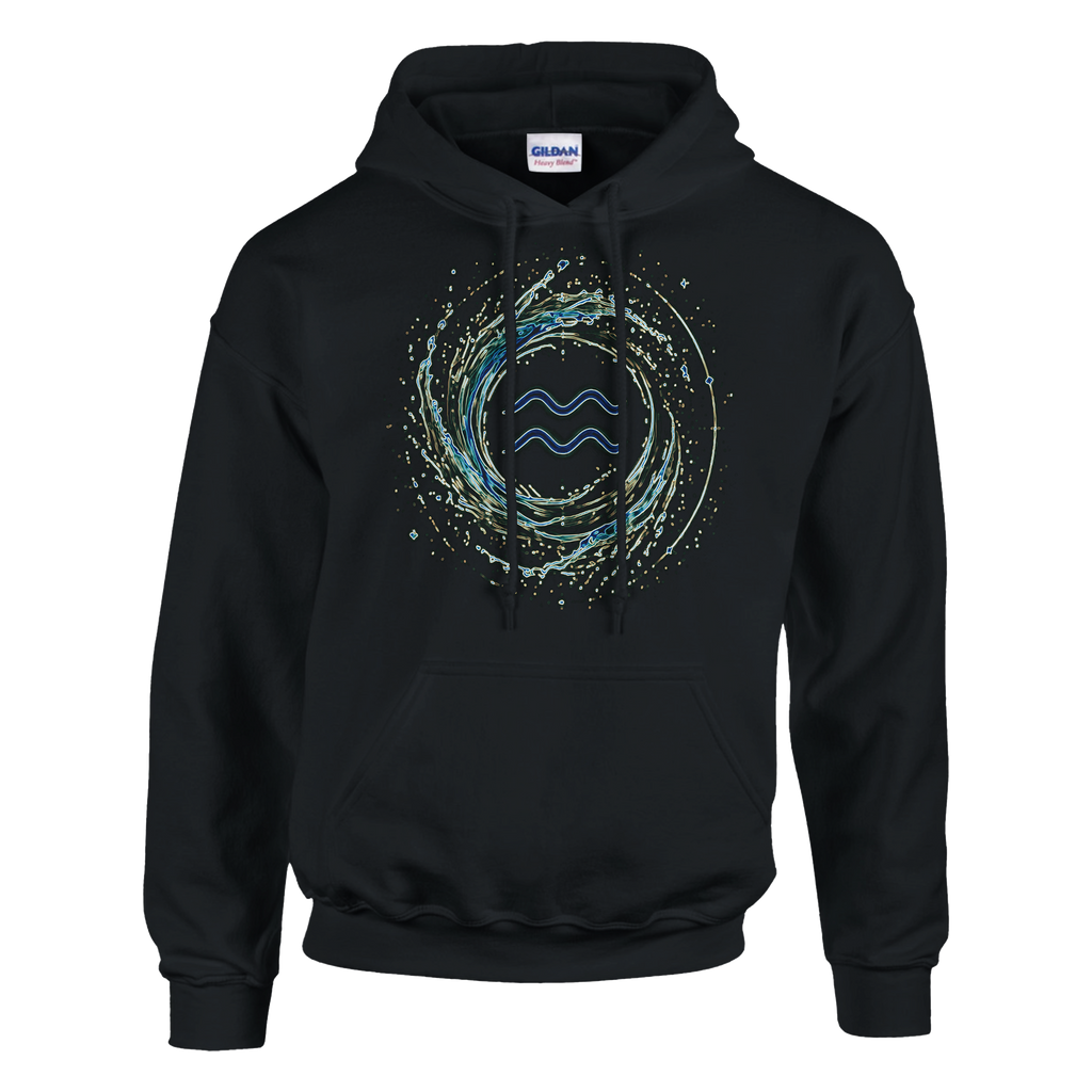 Sudadera negra Acuario con símbolo zodiacal circular y energía oceánica