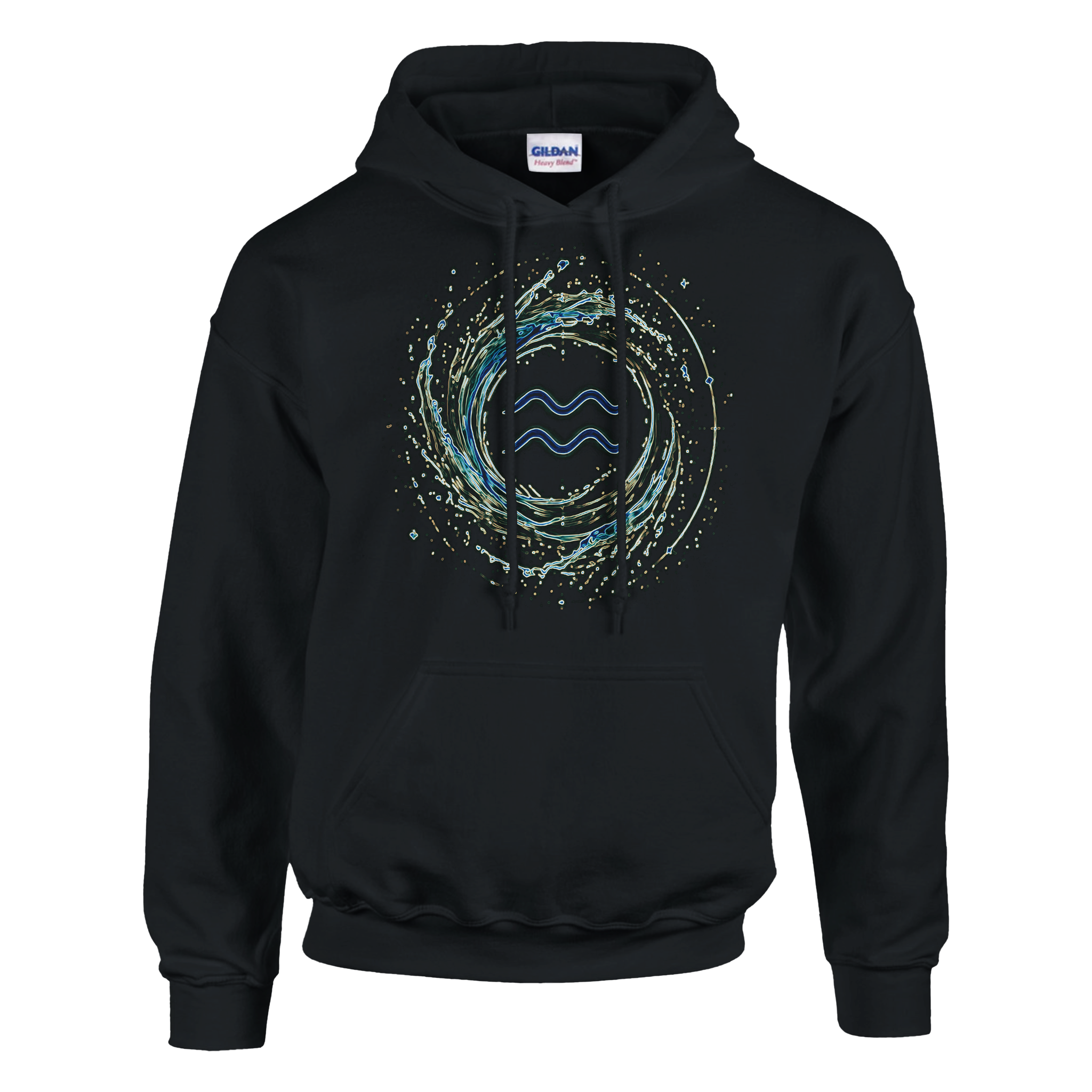 Sudadera negra Acuario con símbolo zodiacal circular y energía oceánica
