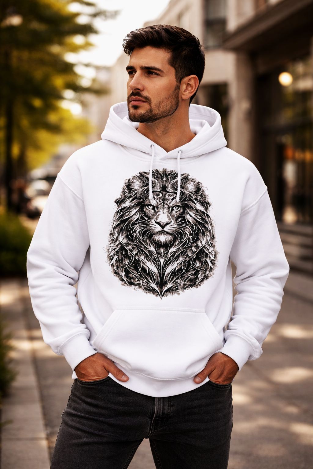 Hoodie blanco Leo con diseño de león – Astrálisis