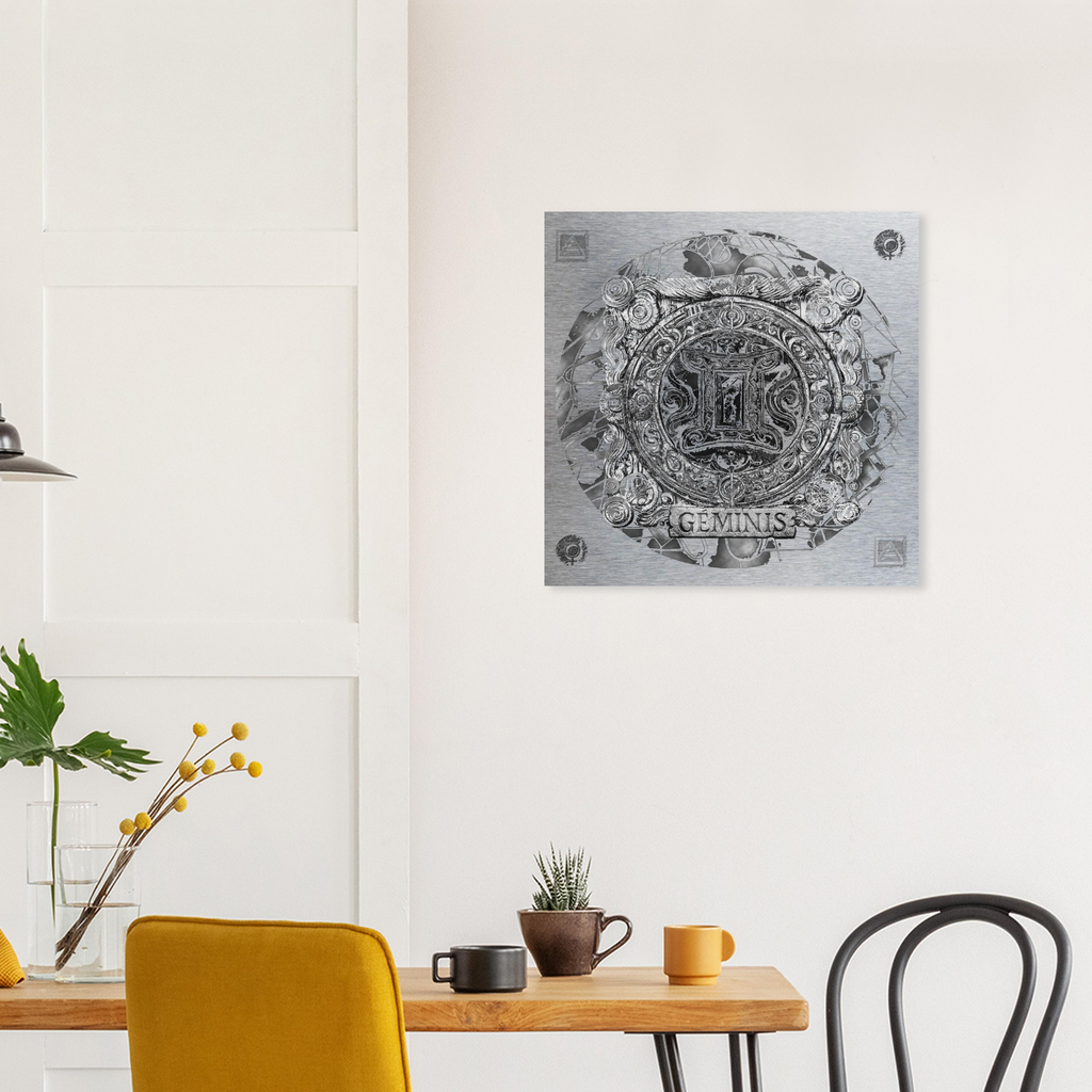 Decoración mural de Géminis en metal en ambiente minimalista y luminoso