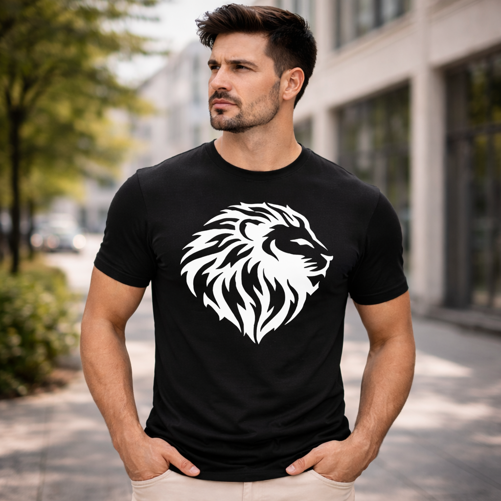 Diseño león tribal en camiseta negra astrología Leo