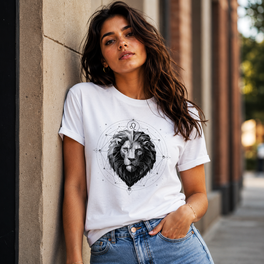 Mujer vistiendo camiseta blanca Leo Geométrico en entorno urbano contemporáneo