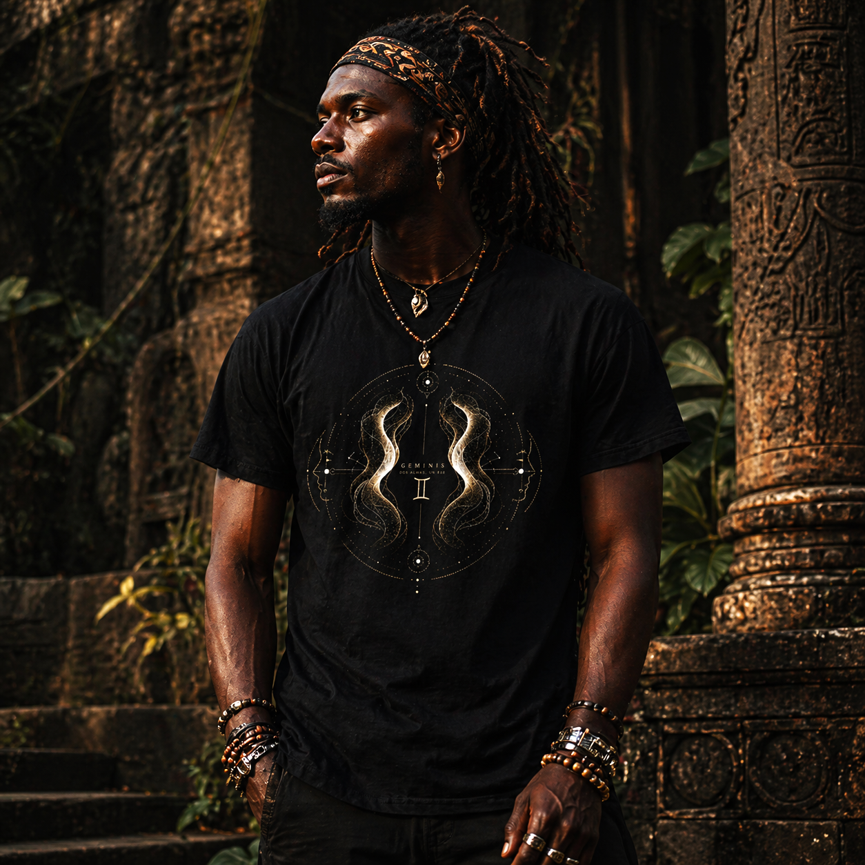 Modelo urbano con estilo tribal vistiendo camiseta negra Géminis vibraciones Astrálisis