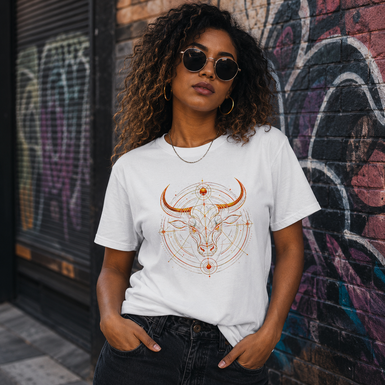 Mujer vistiendo camiseta blanca Toro Dorado inspirada en el signo zodiacal Tauro.
