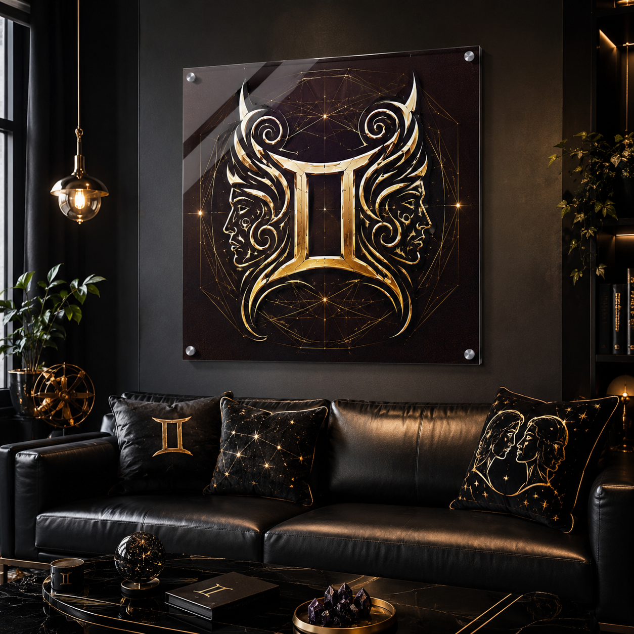 Arte zodiacal Géminis impreso sobre acrílico premium con detalles dorados y estética moderna.