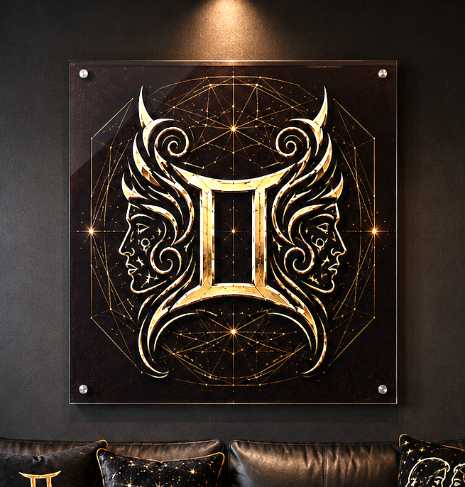 Acrílico Fine Art Dualidad Geminiana inspirado en el signo zodiacal Géminis con símbolo central y composición tribal dorada.