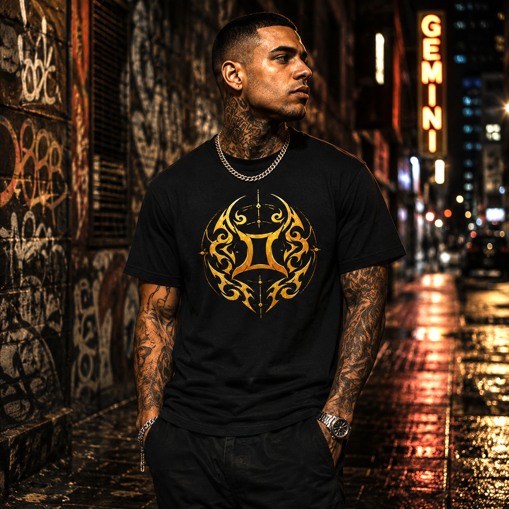 Hombre luciendo camiseta negra Géminis con ilustración tribal dorada inspirada en el signo zodiacal.