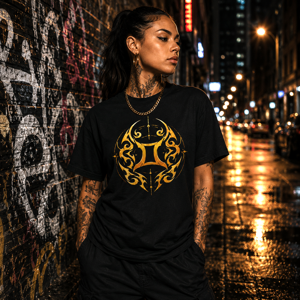 Mujer vistiendo camiseta negra Tribalista Géminis con diseño dorado en escena urbana nocturna.
