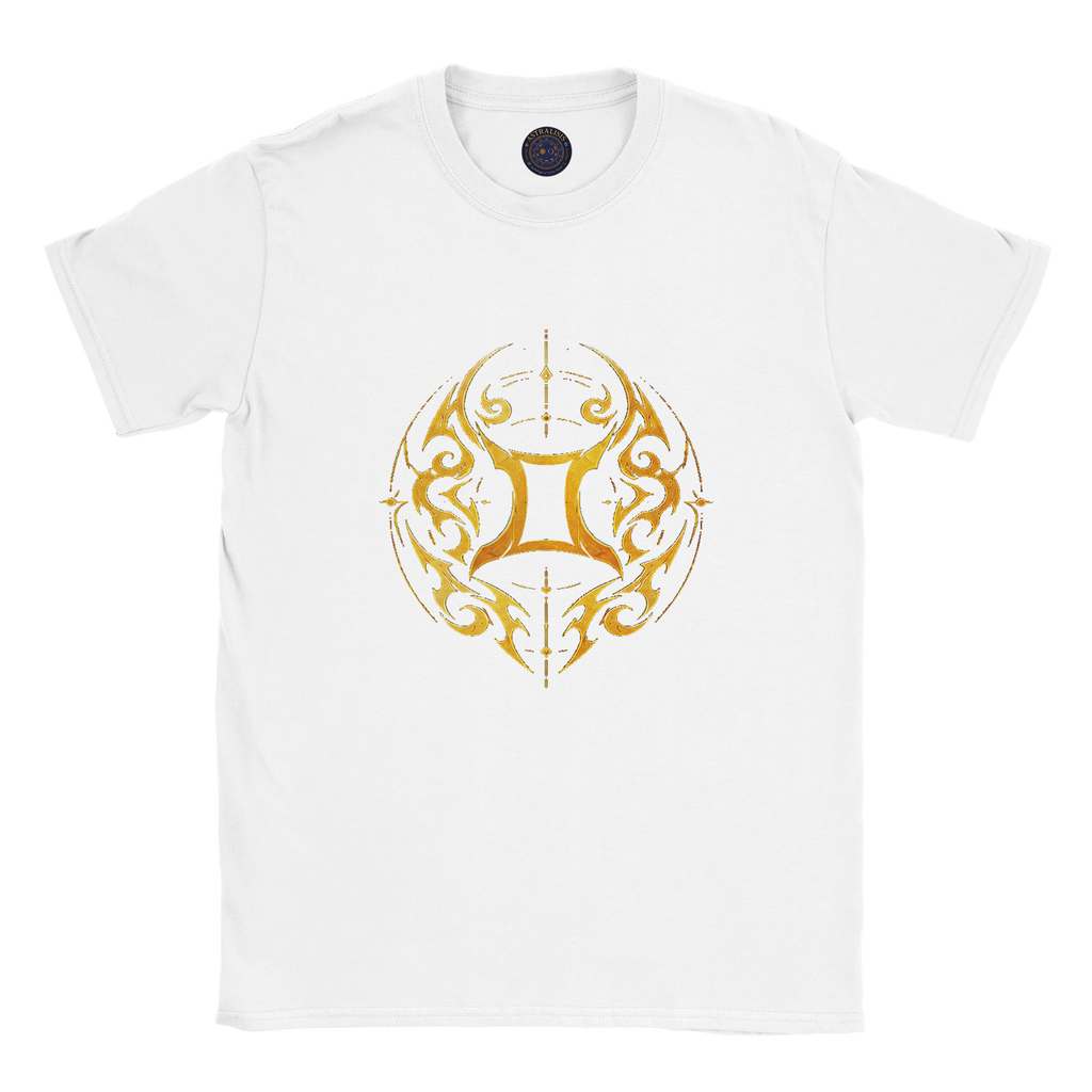 Vista frontal de camiseta blanca Tribalista Géminis con diseño exclusivo de Astrálisis.