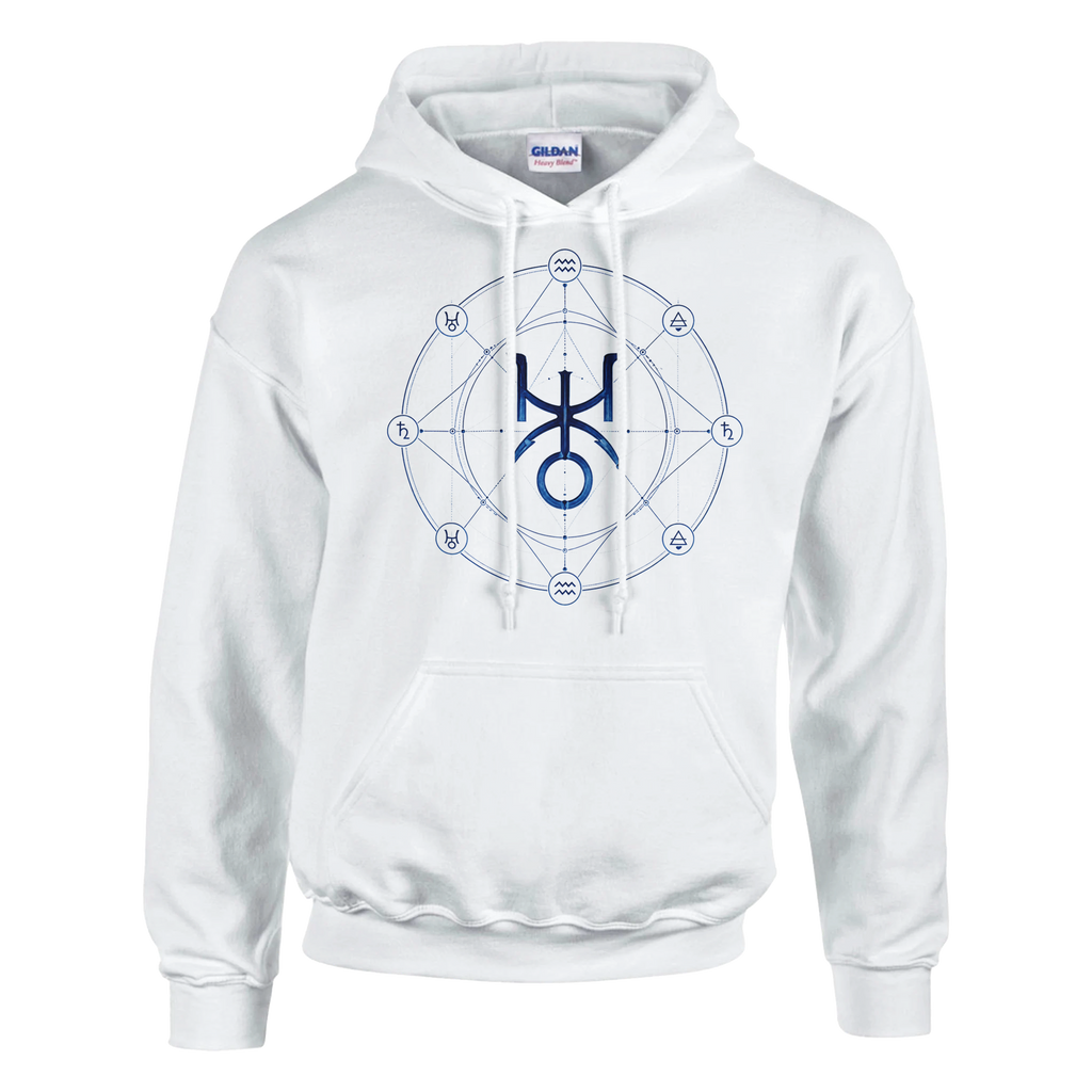 Sudadera blanca Acuario con símbolo de Urano y diseño astral elegante