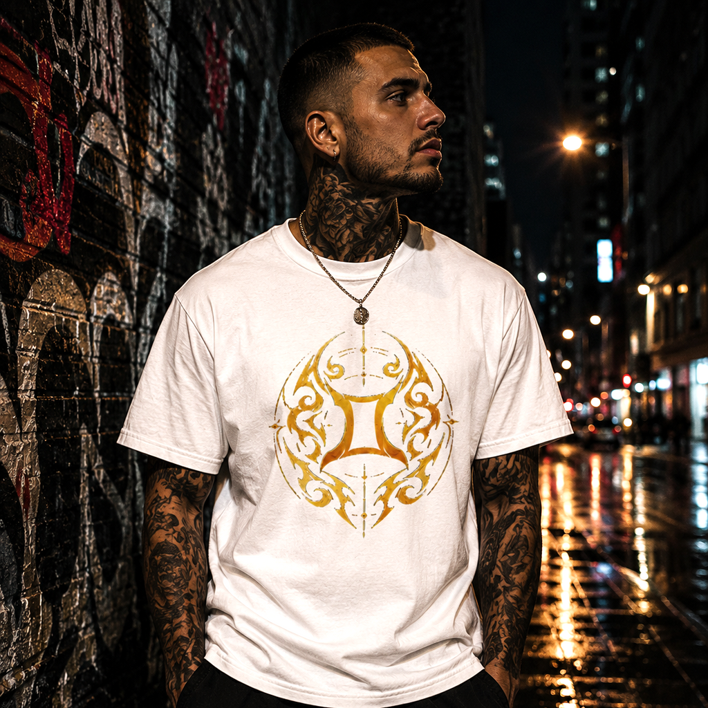 Hombre luciendo camiseta blanca Géminis con símbolo tribal dorado inspirado en la astrología zodiacal.