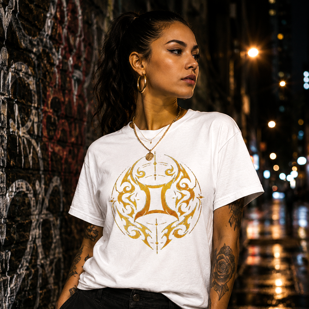 Mujer vistiendo camiseta blanca Tribalista Géminis con diseño dorado en escenario urbano nocturno.