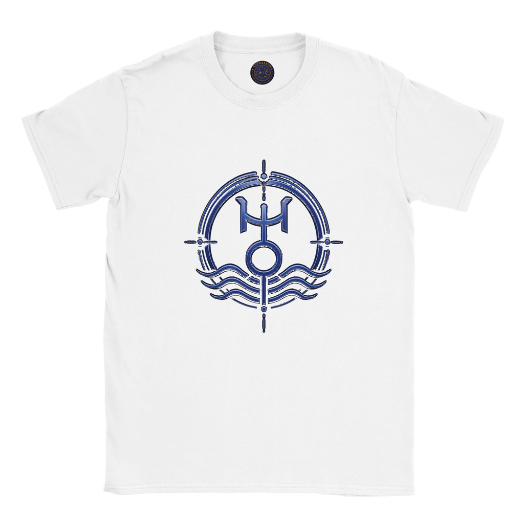 Camiseta unisex blanca Acuario con arte zodiacal minimalista azul