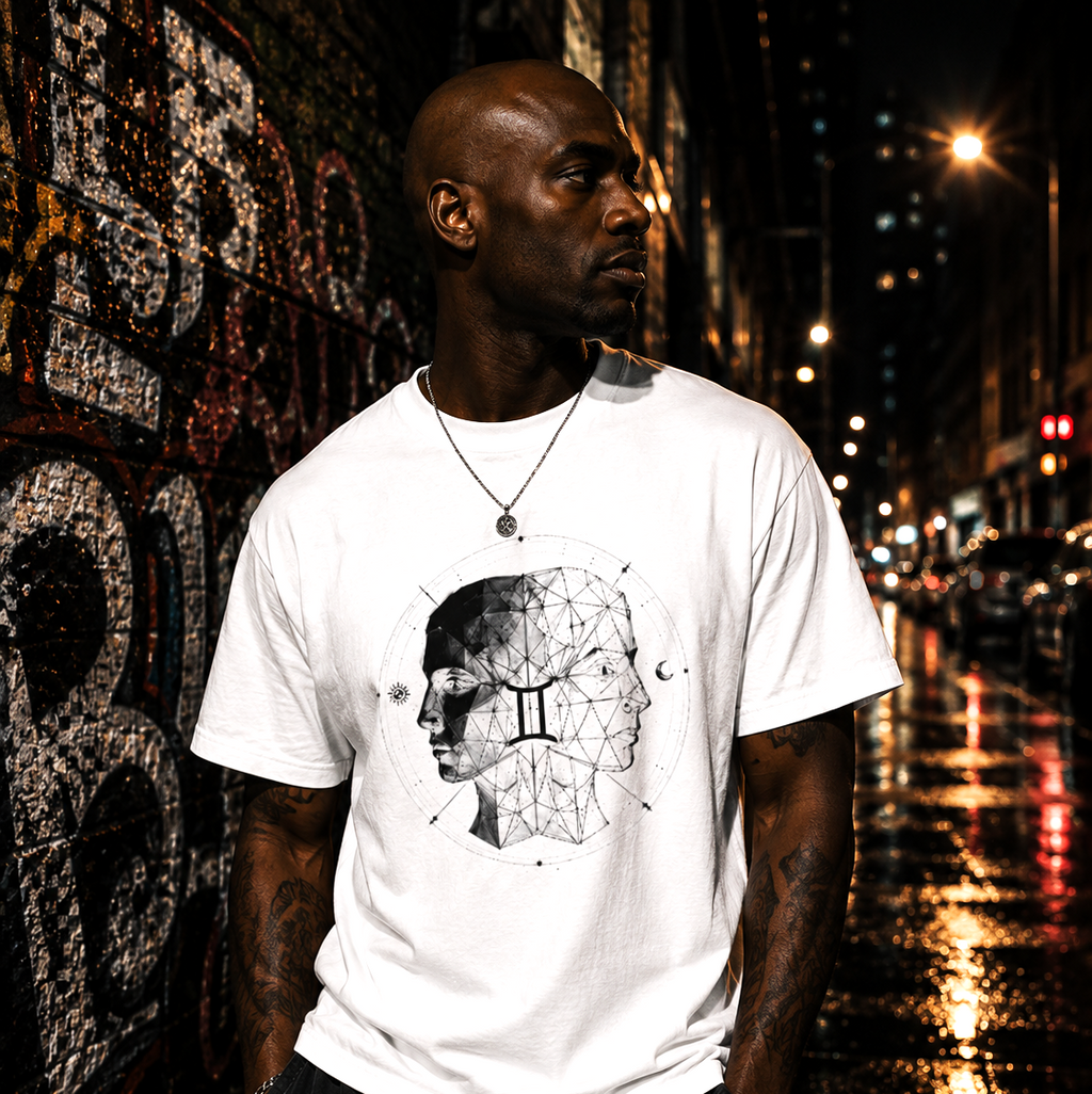 Hombre vistiendo camiseta blanca Geometría Geminiana en escenario urbano nocturno contemporáneo.