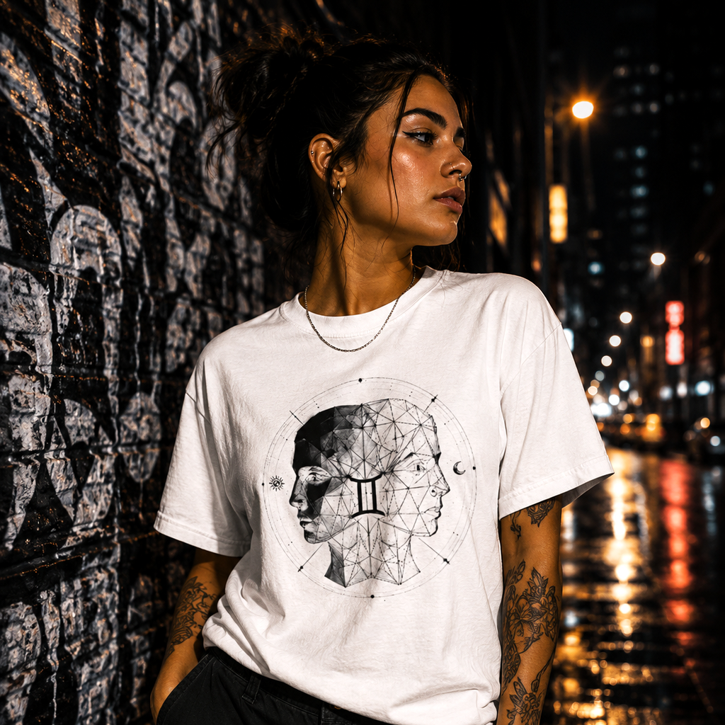 Mujer luciendo camiseta blanca Géminis con diseño geométrico inspirado en la dualidad zodiacal.