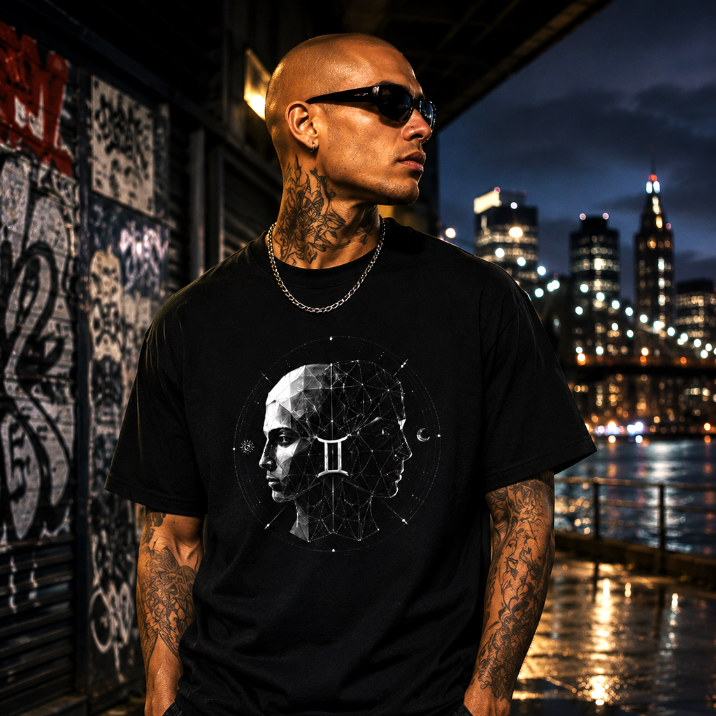 Hombre vistiendo camiseta negra Géminis con diseño geométrico inspirado en la dualidad zodiacal.