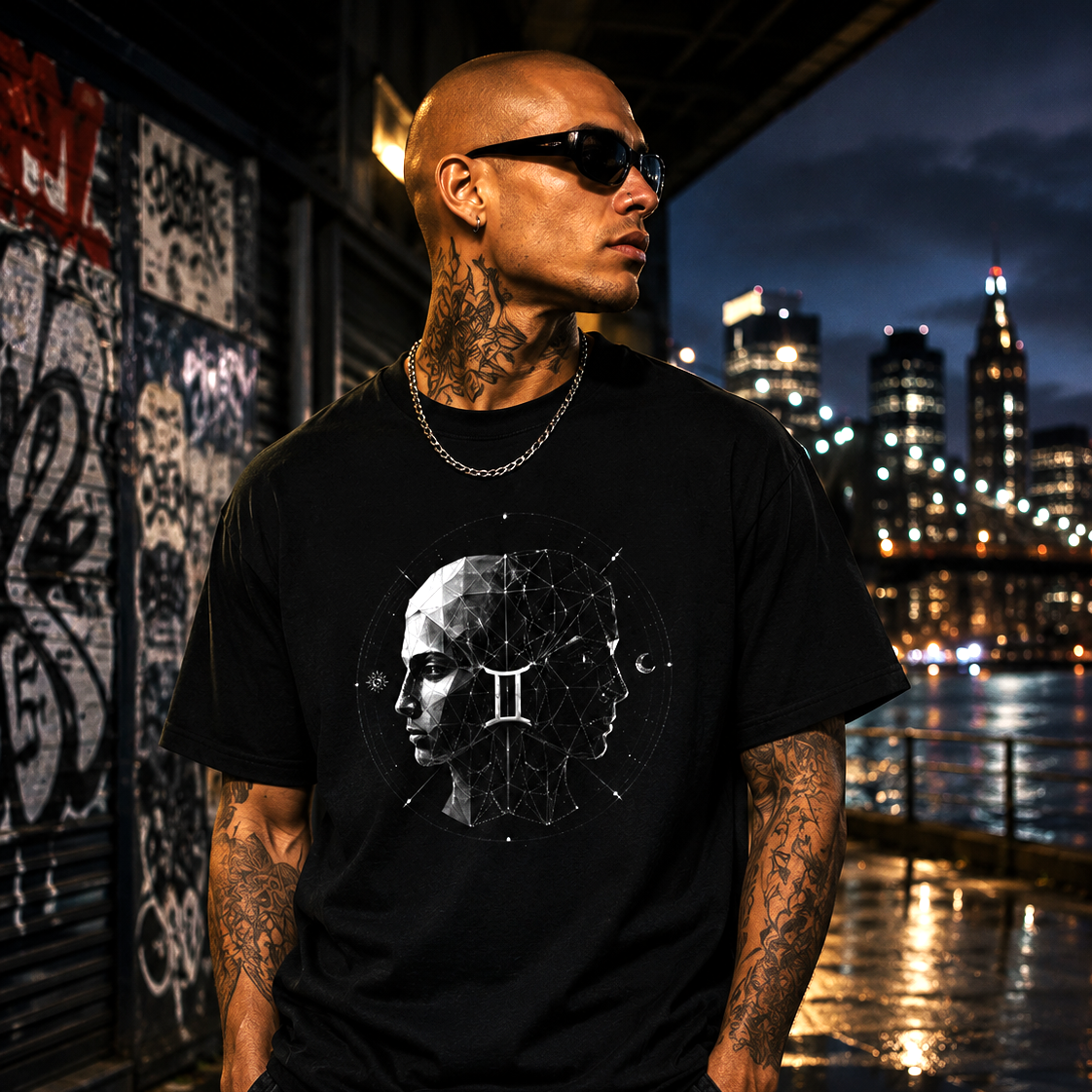 Hombre vistiendo camiseta negra Géminis con diseño geométrico inspirado en la dualidad zodiacal.
