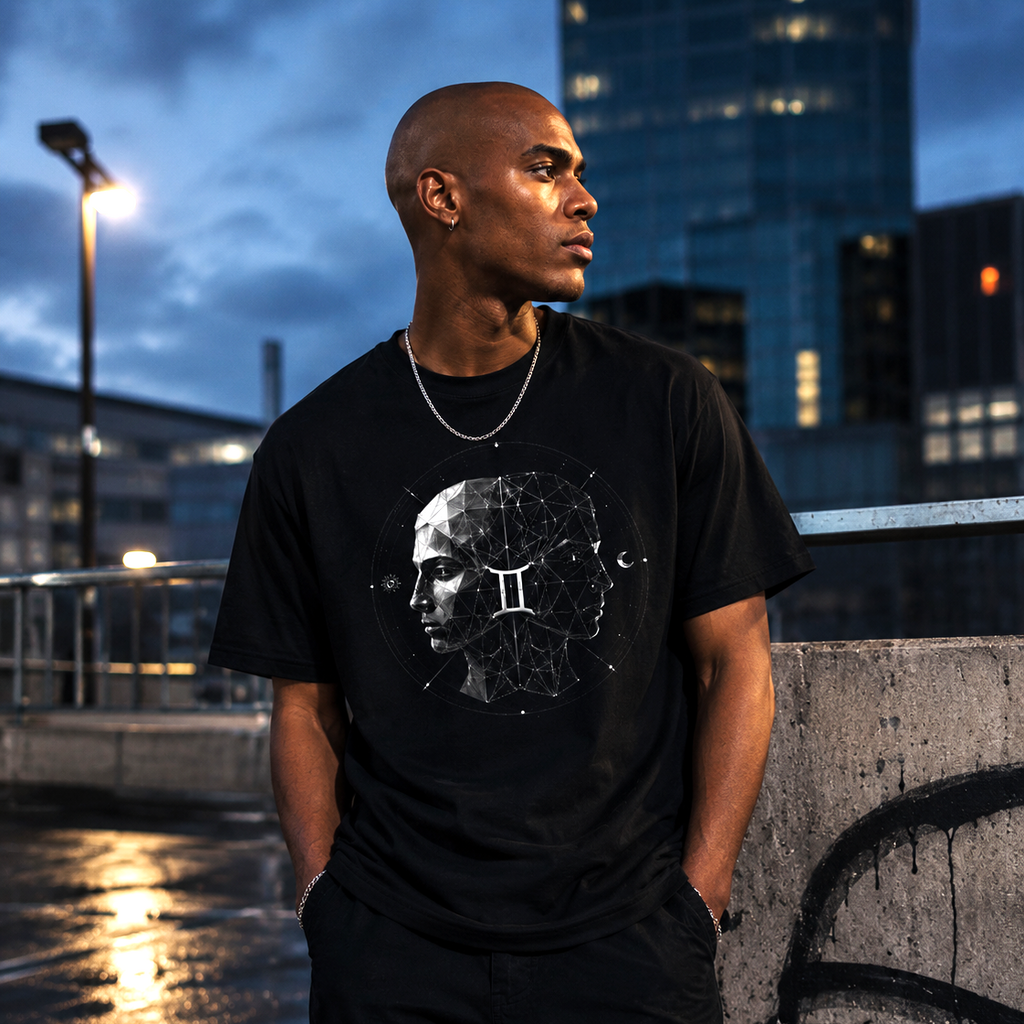 Hombre de piel oscura vistiendo camiseta negra Géminis con diseño geométrico contemporáneo.
