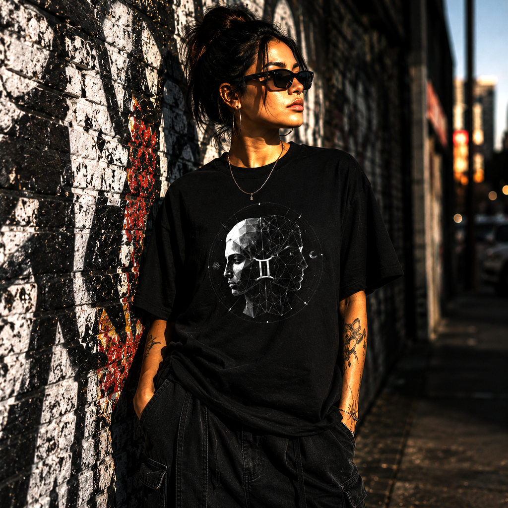 Mujer luciendo camiseta negra Geometría Geminiana con ilustración artística de rostros duales.