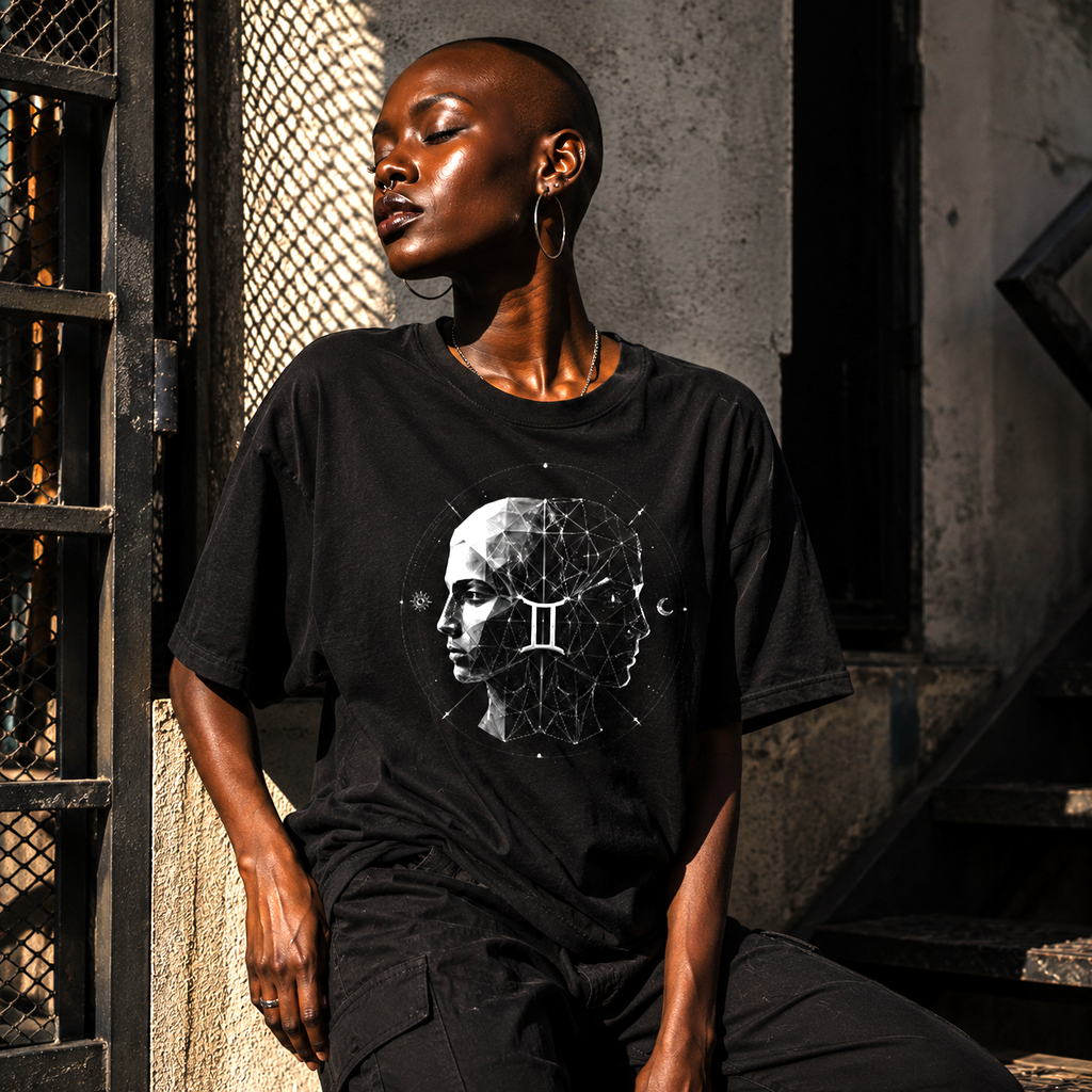 Mujer de piel oscura vistiendo camiseta negra Geometría Geminiana en escenario urbano contemporáneo.