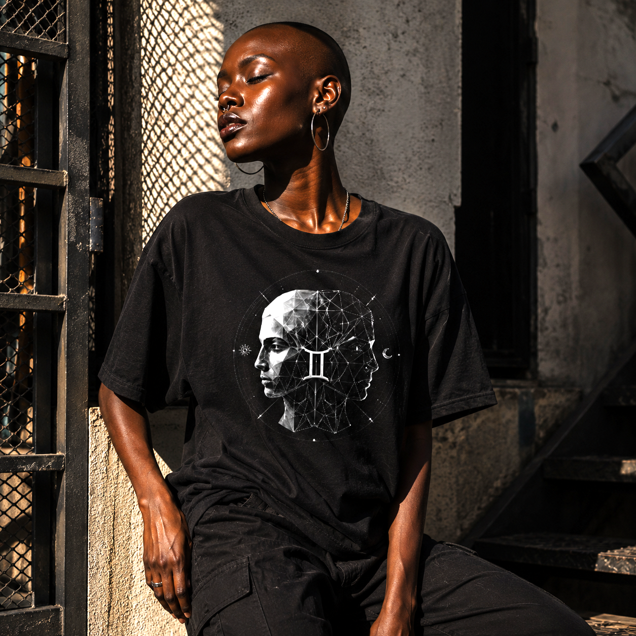 Mujer de piel oscura vistiendo camiseta negra Geometría Geminiana en escenario urbano contemporáneo.
