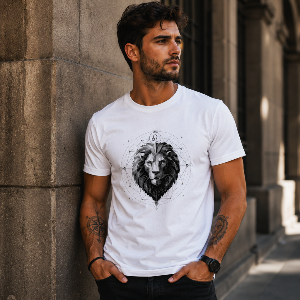 Hombre vistiendo camiseta blanca Leo Geométrico colección Astrálisis