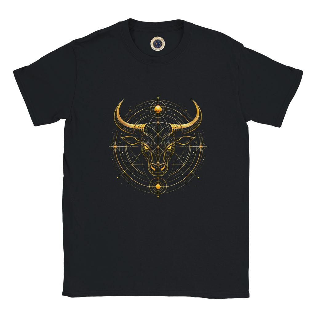 Camiseta negra unisex con diseño Toro Dorado y estética zodiacal contemporánea.