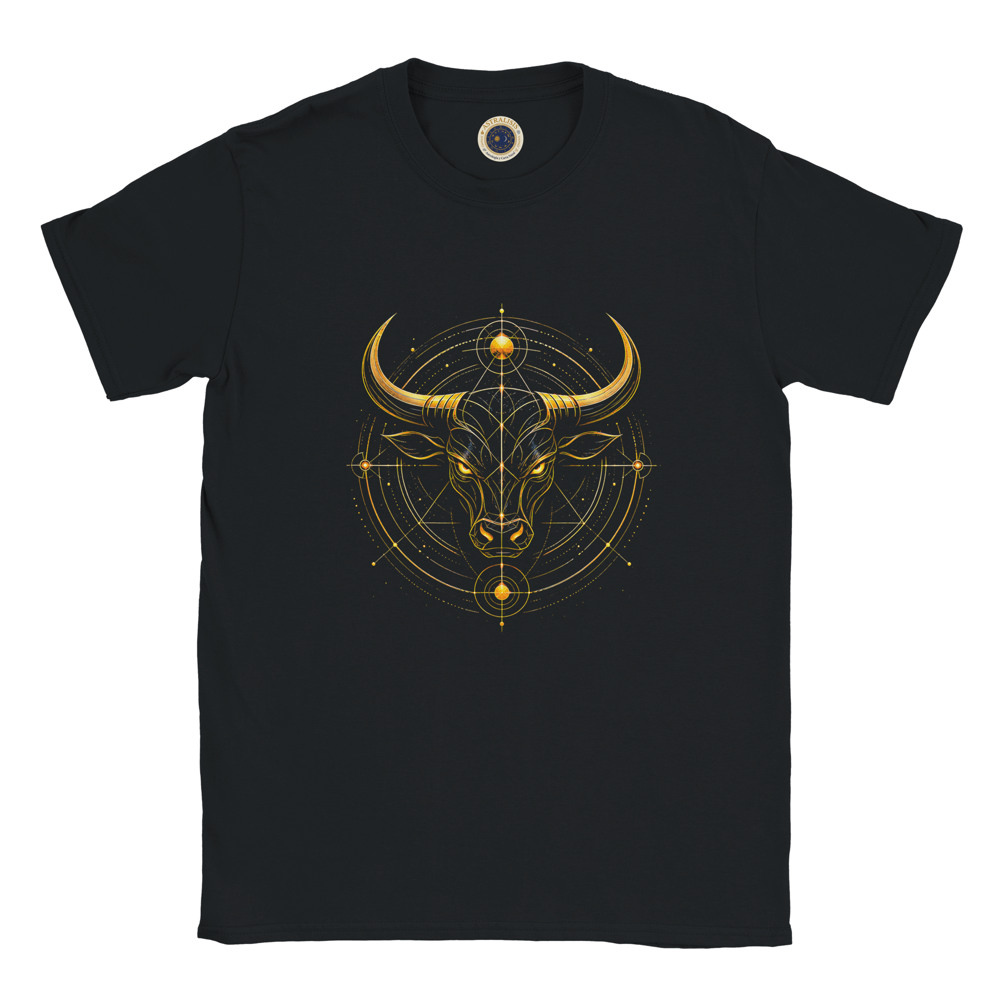 Camiseta negra unisex con diseño Toro Dorado y estética zodiacal contemporánea.