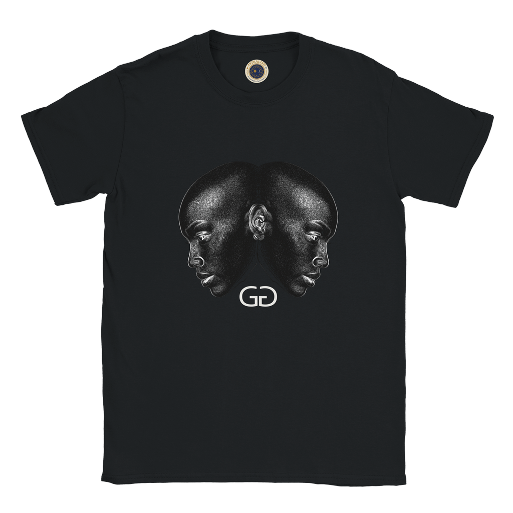 Camiseta negra con ilustración de doble rostro Géminis estilo artístico Astrálisis y logo astrálisis