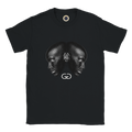 Camiseta negra con ilustración de doble rostro Géminis estilo artístico Astrálisis y logo astrálisis