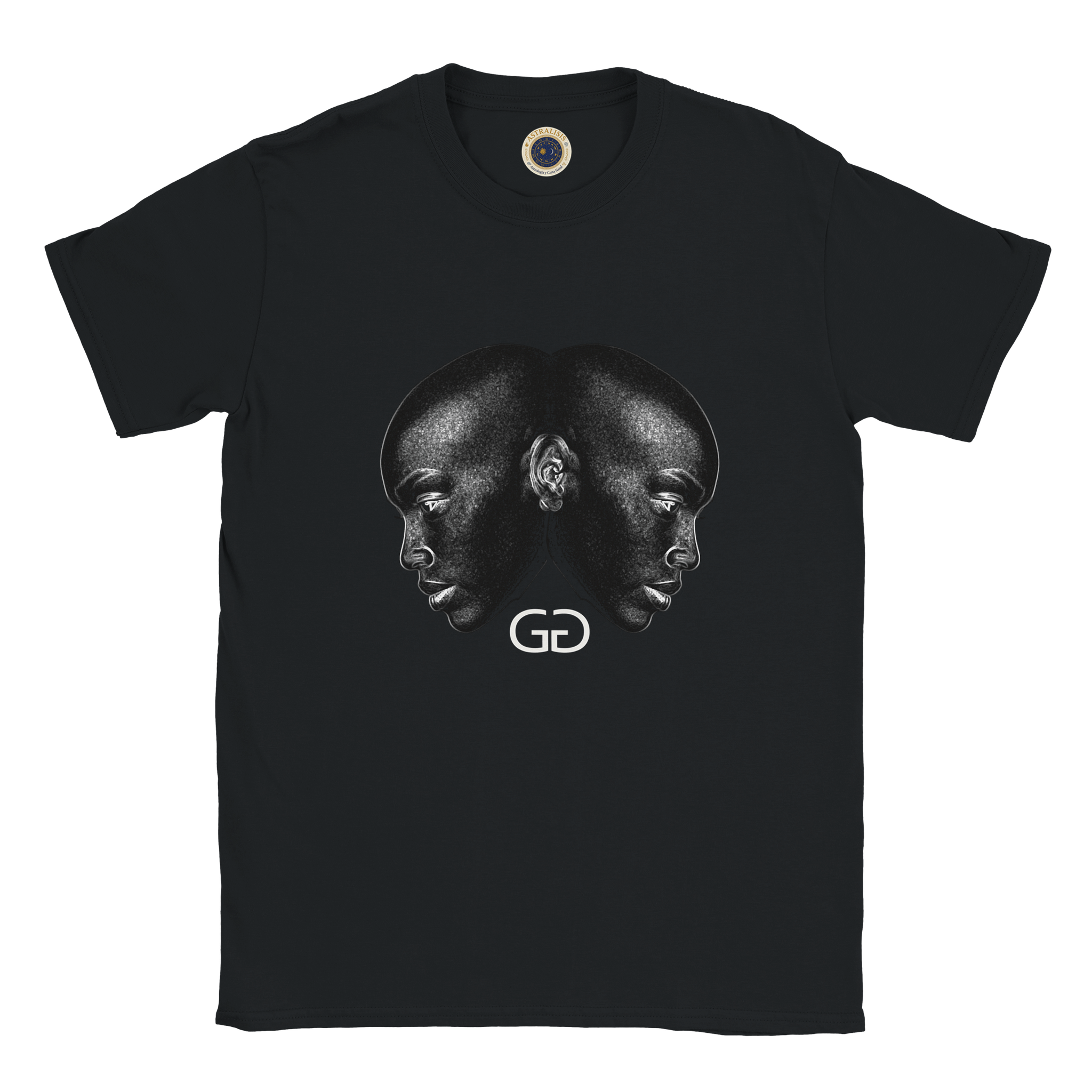 Camiseta negra con ilustración de doble rostro Géminis estilo artístico Astrálisis y logo astrálisis