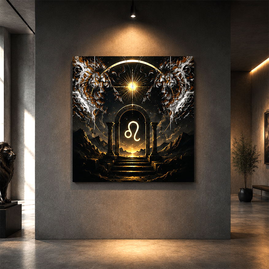 Arte mural Portal Solar de Leo exhibido en espacio contemporáneo con iluminación arquitectónica y atmósfera mística