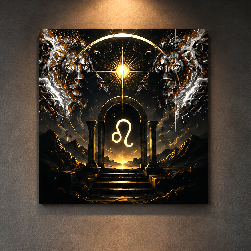 Poster Fine Art Portal Solar de Leo con símbolo zodiacal luminoso entre columnas sagradas y leones celestiales