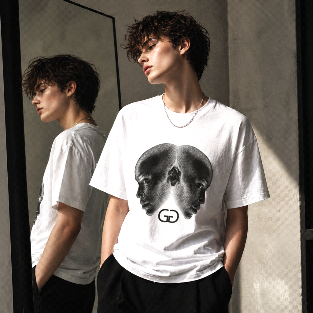 Modelo urbano vistiendo camiseta blanca Géminis con diseño artístico de rostros duales Astrálisis