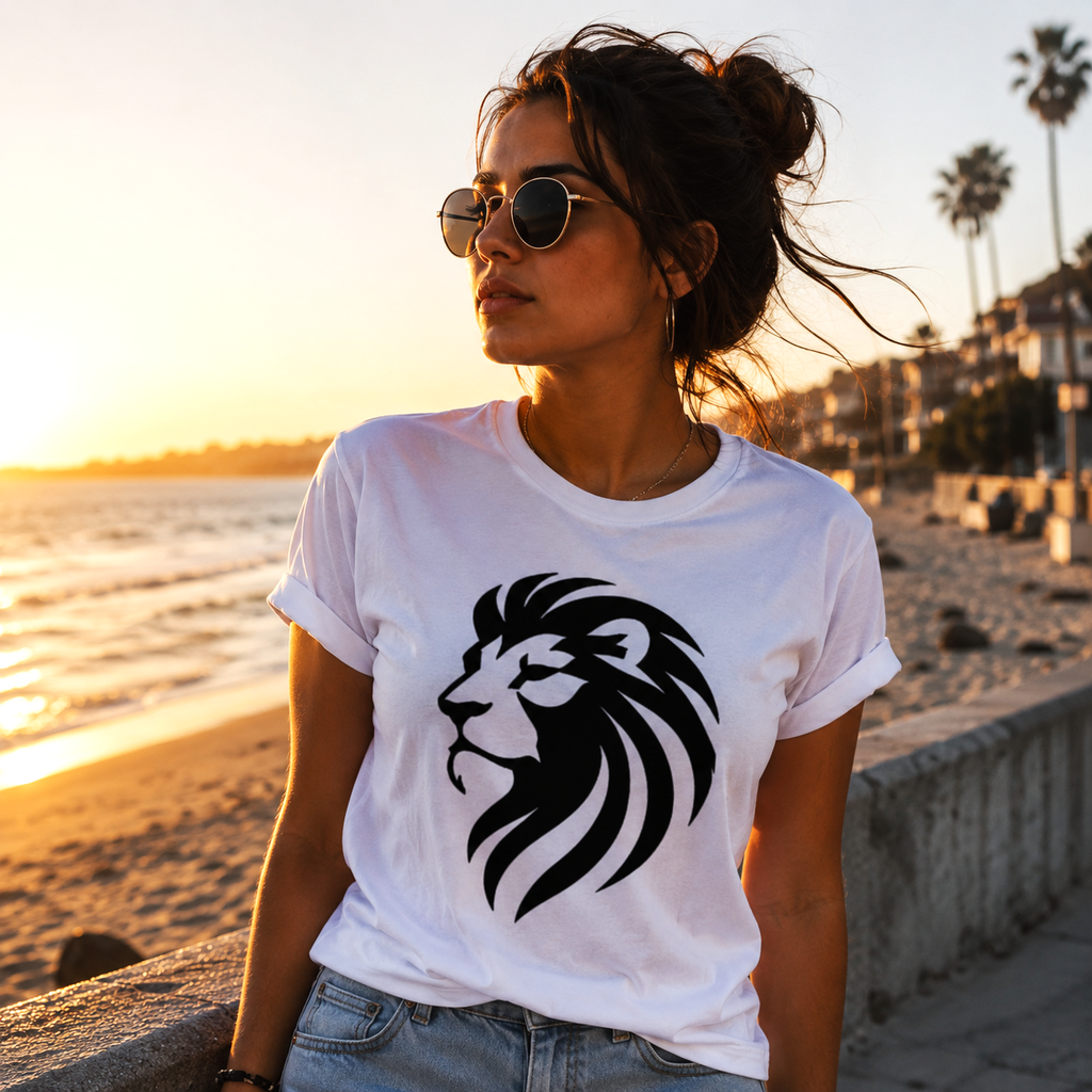 Mujer vistiendo camiseta blanca Leo Tribalista con diseño de león estilizado inspirado en el signo Leo