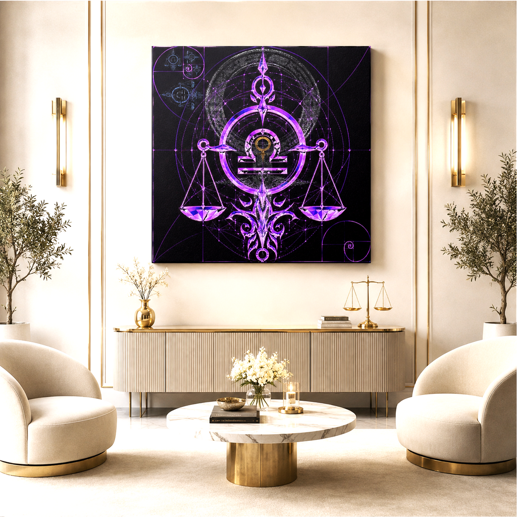 Canvas Fine Art Libra Áurea instalado en salón contemporáneo minimalista.