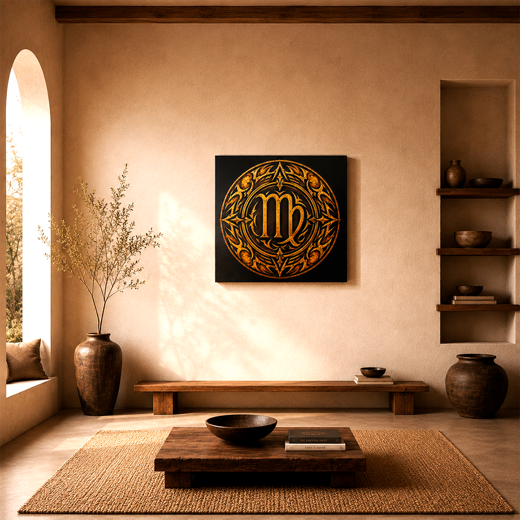 Vista frontal del Canvas Fine Art Virgo Tribal decorando un espacio moderno y elegante