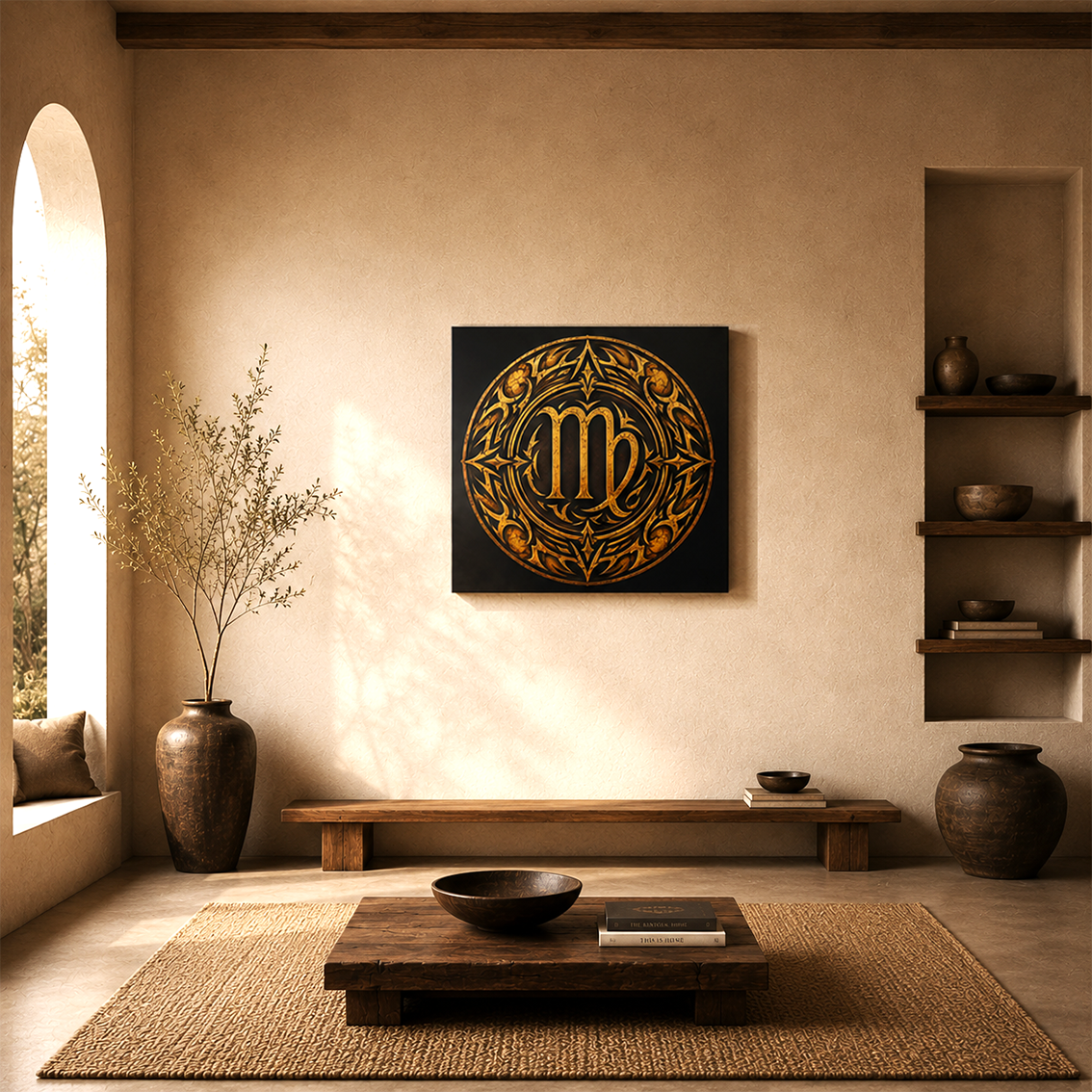 Vista frontal del Canvas Fine Art Virgo Tribal decorando un espacio moderno y elegante