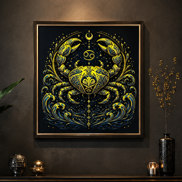 Poster Fine Art Cáncer Dorado con cangrejo ornamental dorado y detalles oceánicos sobre fondo oscuro